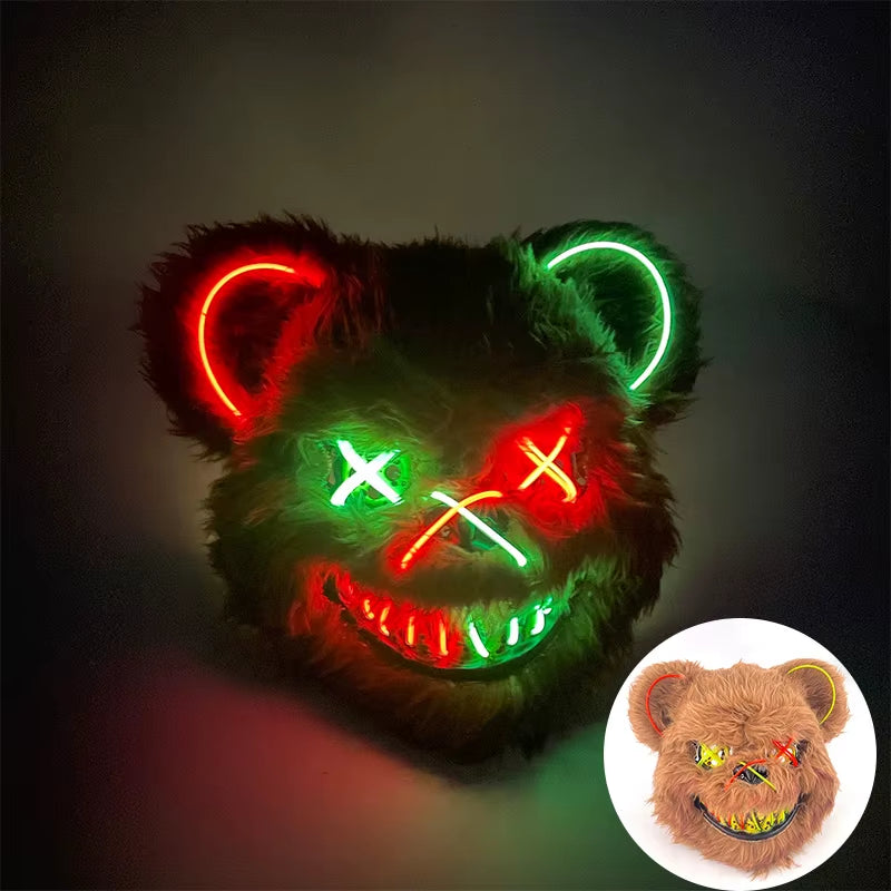Halloween Light up Horror Mask Glowing Bloody Bear Killer Mask Flashing Neon Scary Bear Mask for Cosplay Killer Mask Decoration