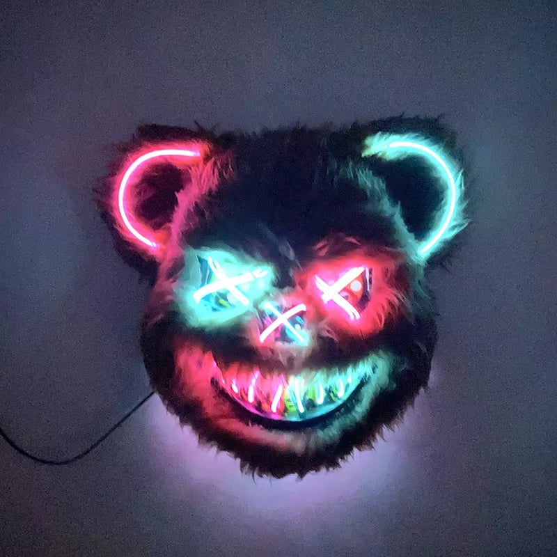 Halloween Light up Horror Mask Glowing Bloody Bear Killer Mask Flashing Neon Scary Bear Mask for Cosplay Killer Mask Decoration