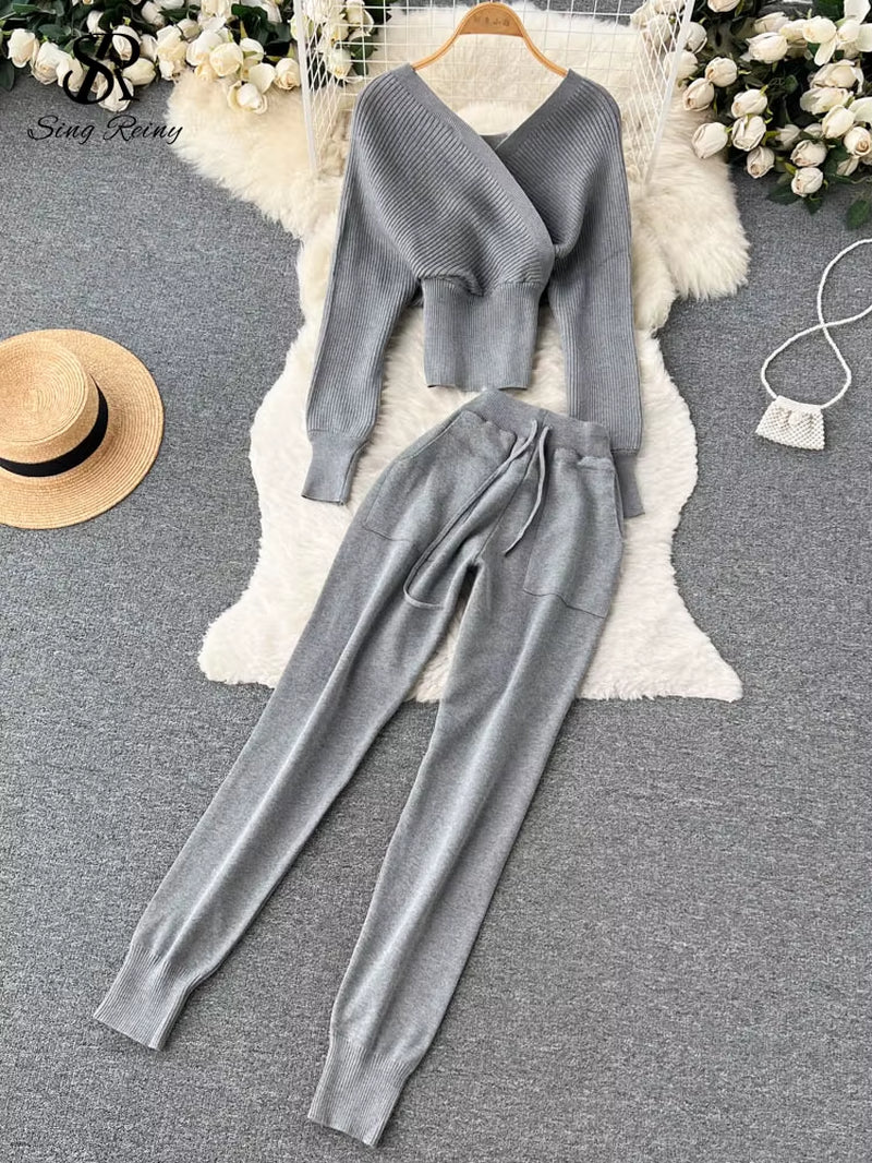 SINGREINY Winter Casual Knitted Two Pieces Suits V Neck Long Sleeve Sweater+ Elastic Casual Long Pants Sets Women Sweater Sets