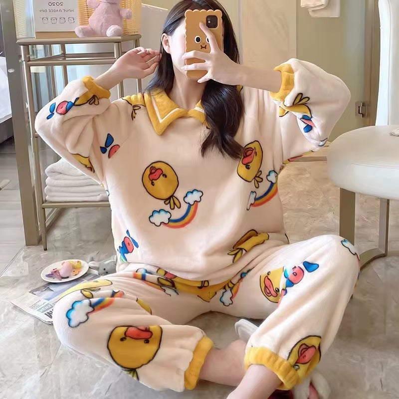 SP&CITY Winter Coral Velvet Pajamas Women'S Cartoon Patterned Lovely Pajamas Set Thickened Warm Student Home Clothes Sleepwear