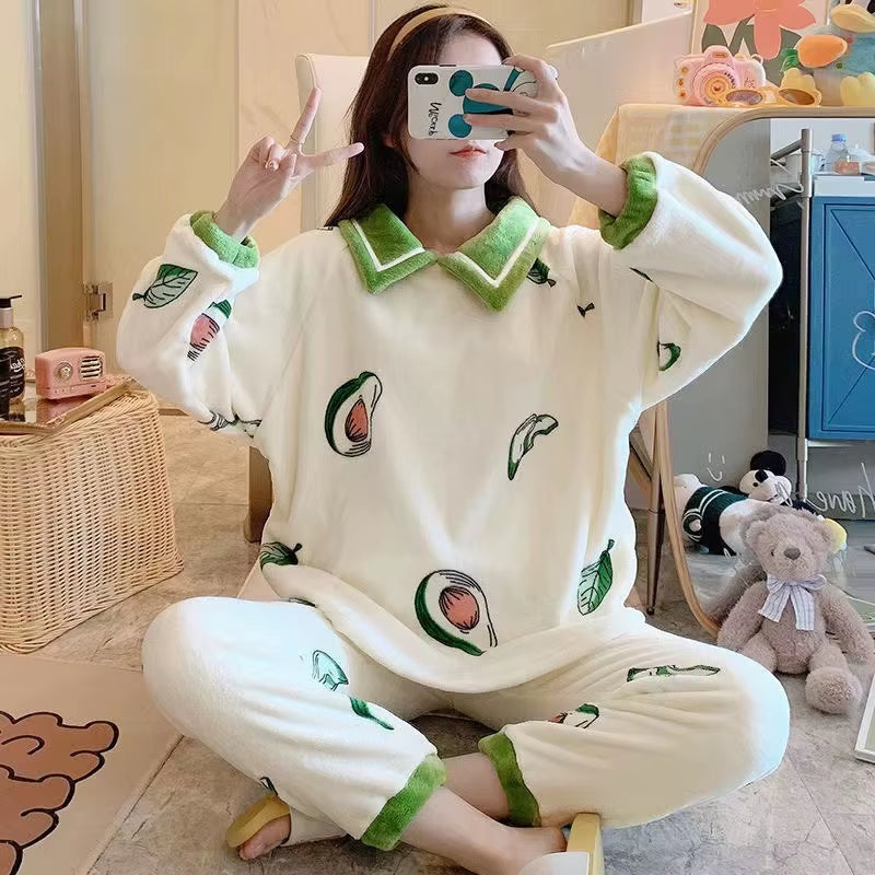 SP&CITY Winter Coral Velvet Pajamas Women'S Cartoon Patterned Lovely Pajamas Set Thickened Warm Student Home Clothes Sleepwear