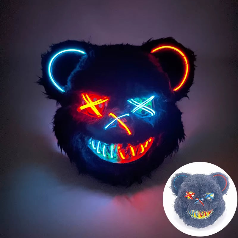 Halloween Light up Horror Mask Glowing Bloody Bear Killer Mask Flashing Neon Scary Bear Mask for Cosplay Killer Mask Decoration