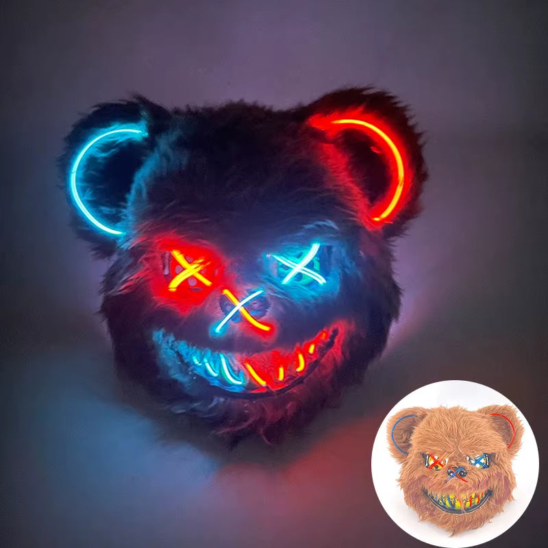 Halloween Light up Horror Mask Glowing Bloody Bear Killer Mask Flashing Neon Scary Bear Mask for Cosplay Killer Mask Decoration