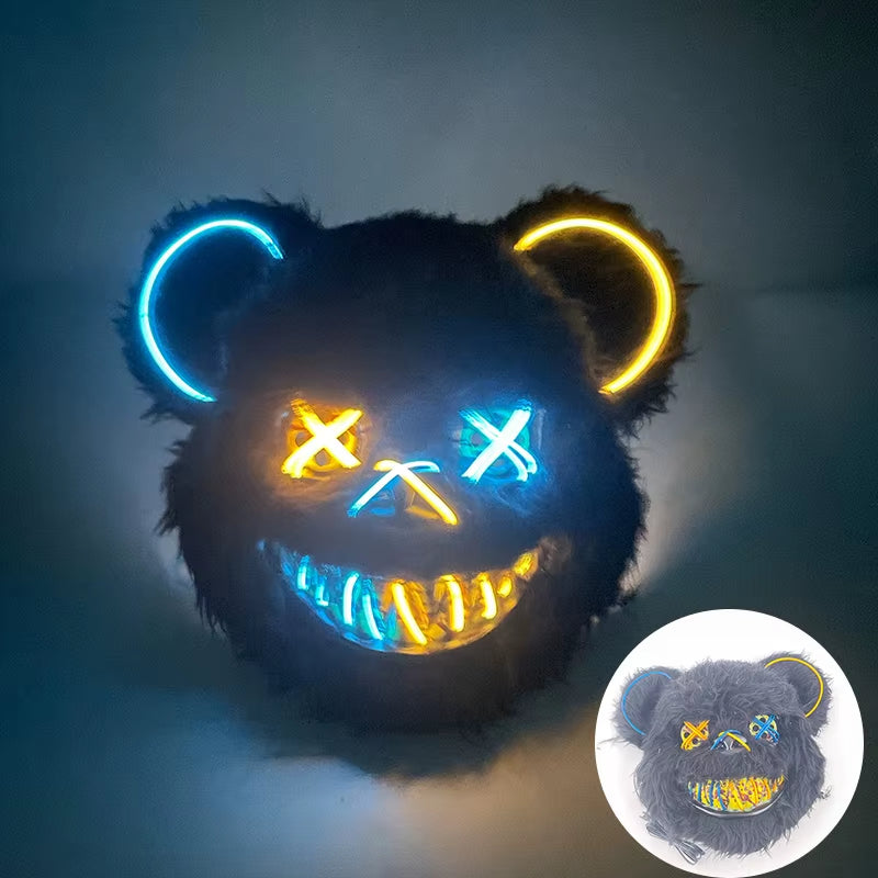 Halloween Light up Horror Mask Glowing Bloody Bear Killer Mask Flashing Neon Scary Bear Mask for Cosplay Killer Mask Decoration