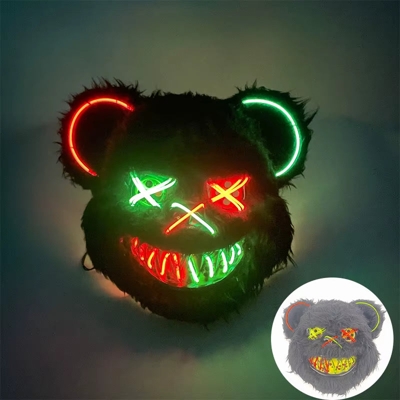 Halloween Light up Horror Mask Glowing Bloody Bear Killer Mask Flashing Neon Scary Bear Mask for Cosplay Killer Mask Decoration