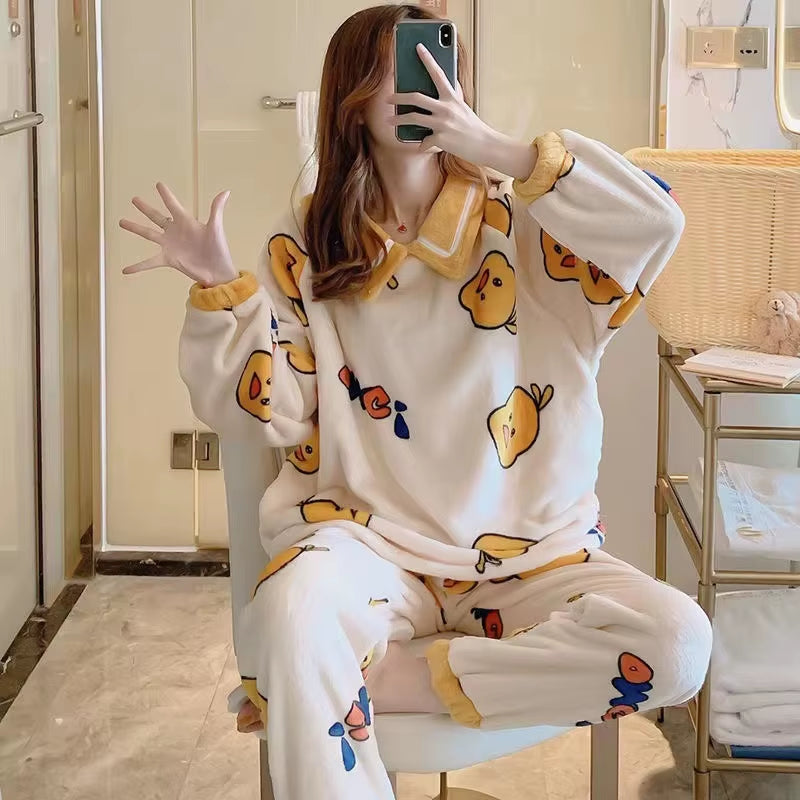 SP&CITY Winter Coral Velvet Pajamas Women'S Cartoon Patterned Lovely Pajamas Set Thickened Warm Student Home Clothes Sleepwear