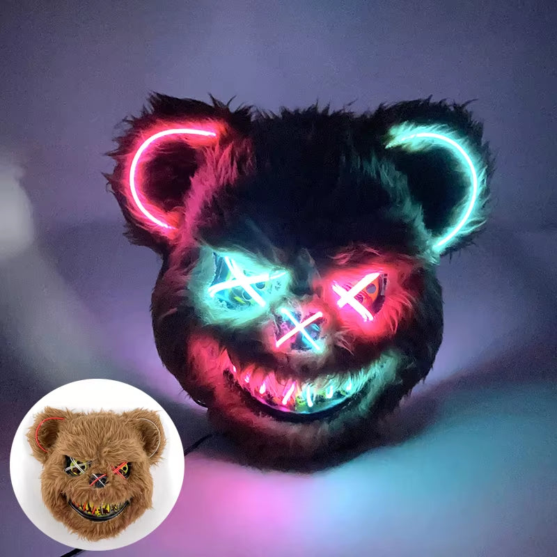 Halloween Light up Horror Mask Glowing Bloody Bear Killer Mask Flashing Neon Scary Bear Mask for Cosplay Killer Mask Decoration