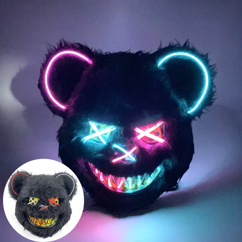 Halloween Light up Horror Mask Glowing Bloody Bear Killer Mask Flashing Neon Scary Bear Mask for Cosplay Killer Mask Decoration