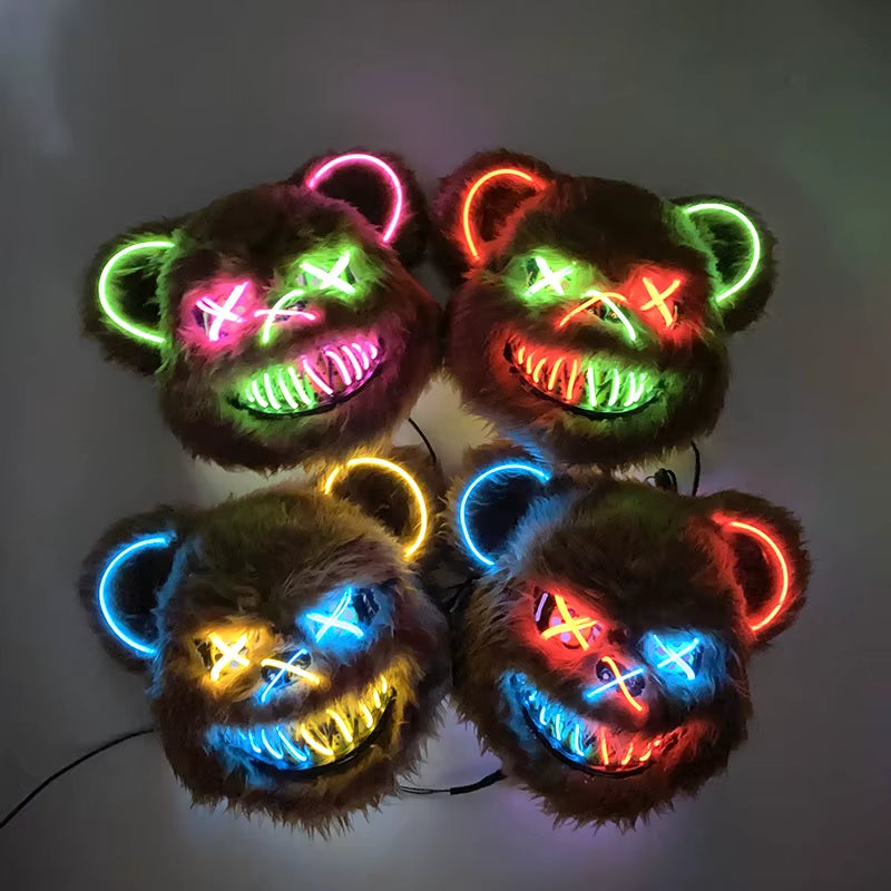 Halloween Light up Horror Mask Glowing Bloody Bear Killer Mask Flashing Neon Scary Bear Mask for Cosplay Killer Mask Decoration
