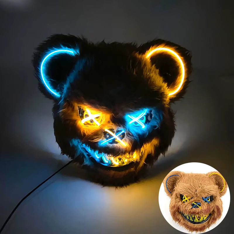 Halloween Light up Horror Mask Glowing Bloody Bear Killer Mask Flashing Neon Scary Bear Mask for Cosplay Killer Mask Decoration