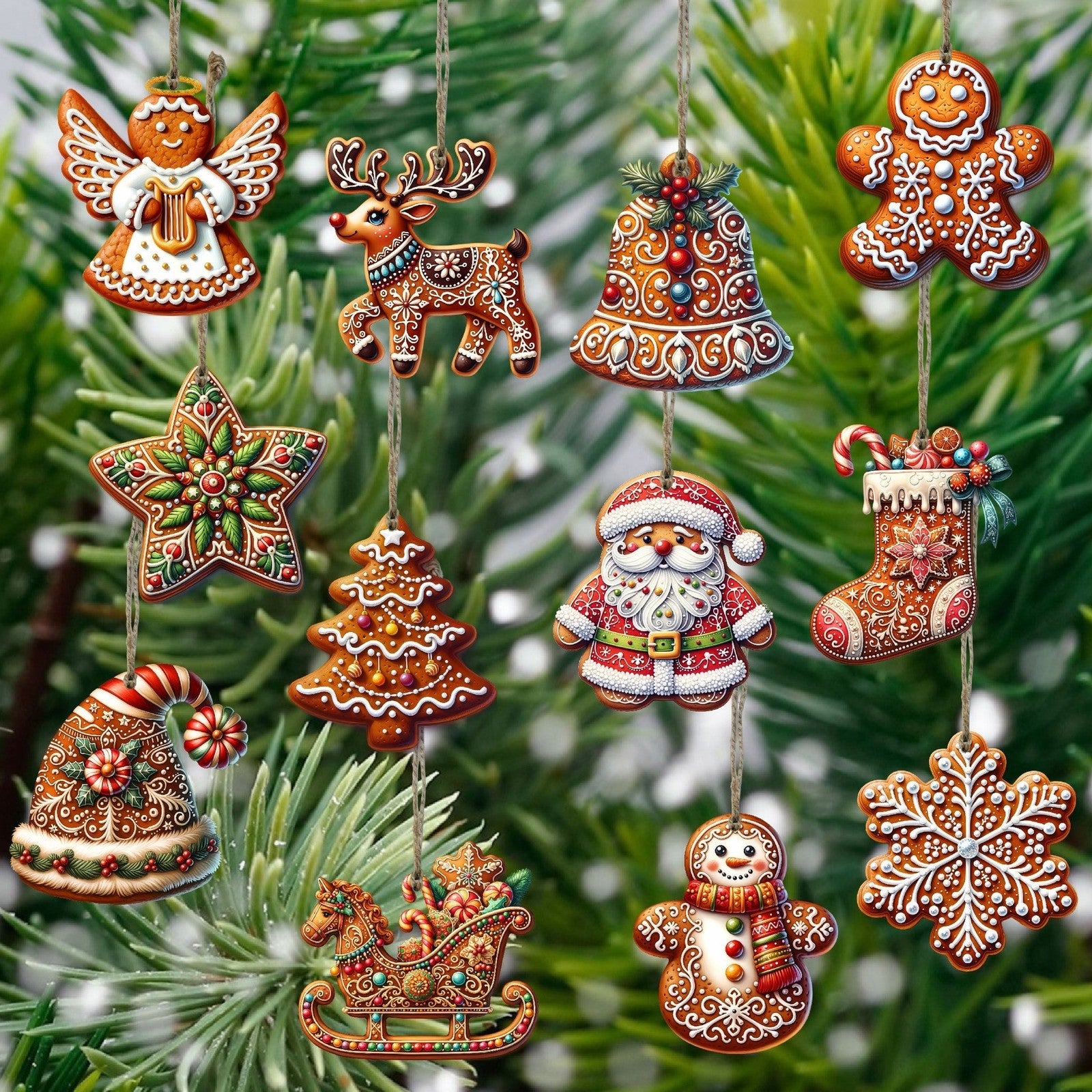 12PCS Christmas Tree Decoration Wooden Gingerbread Motifs Christmas Decoration
