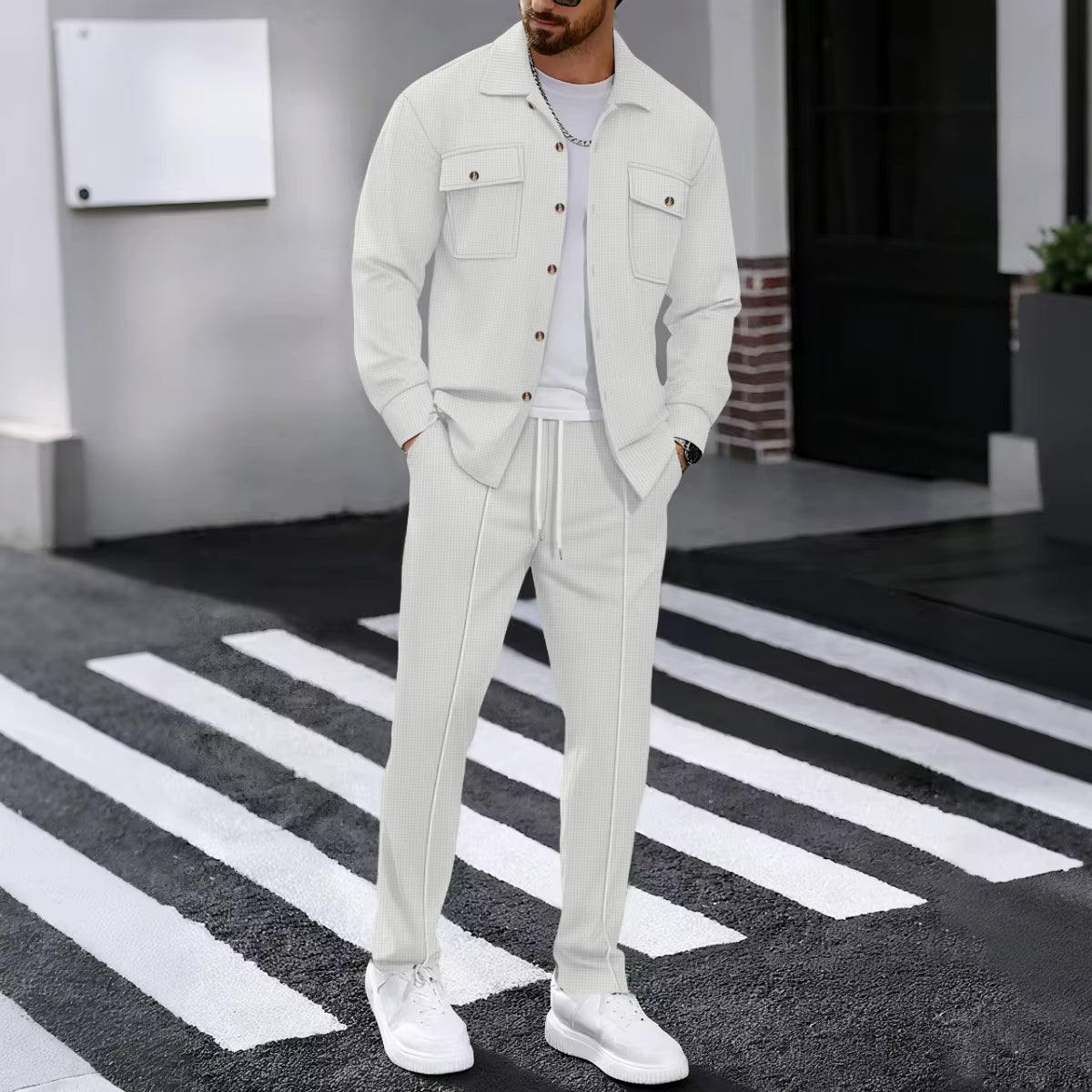 Men'S Spring Autumn Casual Suit Street Style Solid Color Loose-Padded Long-Sleeved Two-Piece Set Fashionable Outerwear Suit Set