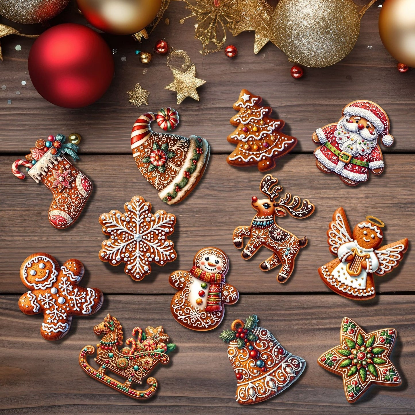 12PCS Christmas Tree Decoration Wooden Gingerbread Motifs Christmas Decoration