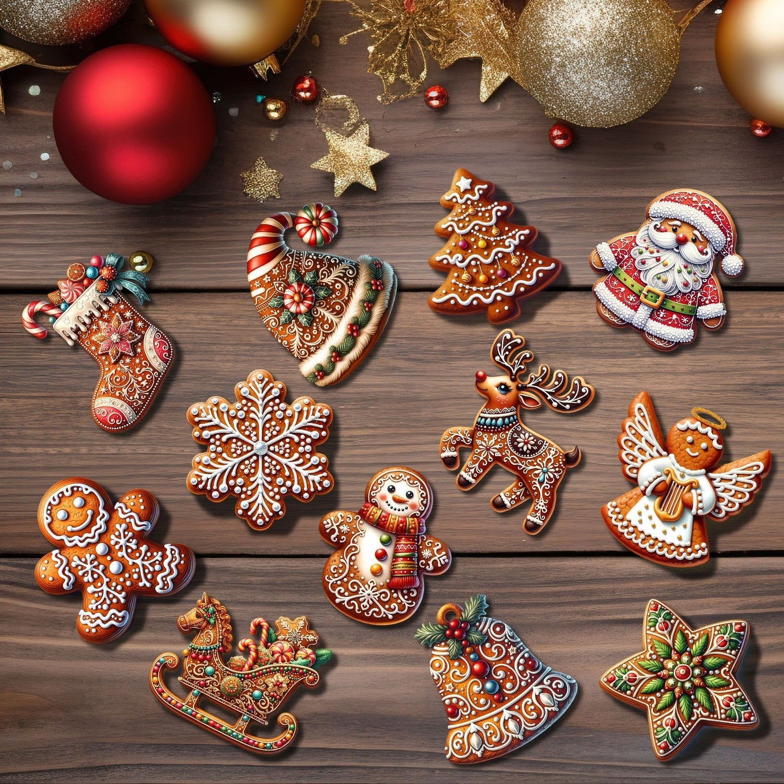 12PCS Christmas Tree Decoration Wooden Gingerbread Motifs Christmas Decoration