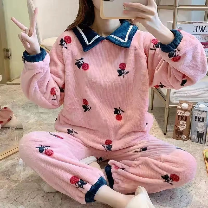 SP&CITY Winter Coral Velvet Pajamas Women'S Cartoon Patterned Lovely Pajamas Set Thickened Warm Student Home Clothes Sleepwear