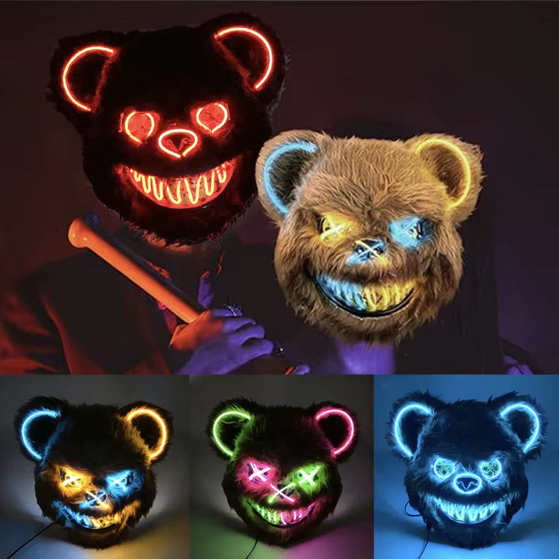 Halloween Light up Horror Mask Glowing Bloody Bear Killer Mask Flashing Neon Scary Bear Mask for Cosplay Killer Mask Decoration