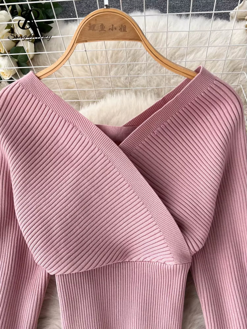 SINGREINY Winter Casual Knitted Two Pieces Suits V Neck Long Sleeve Sweater+ Elastic Casual Long Pants Sets Women Sweater Sets