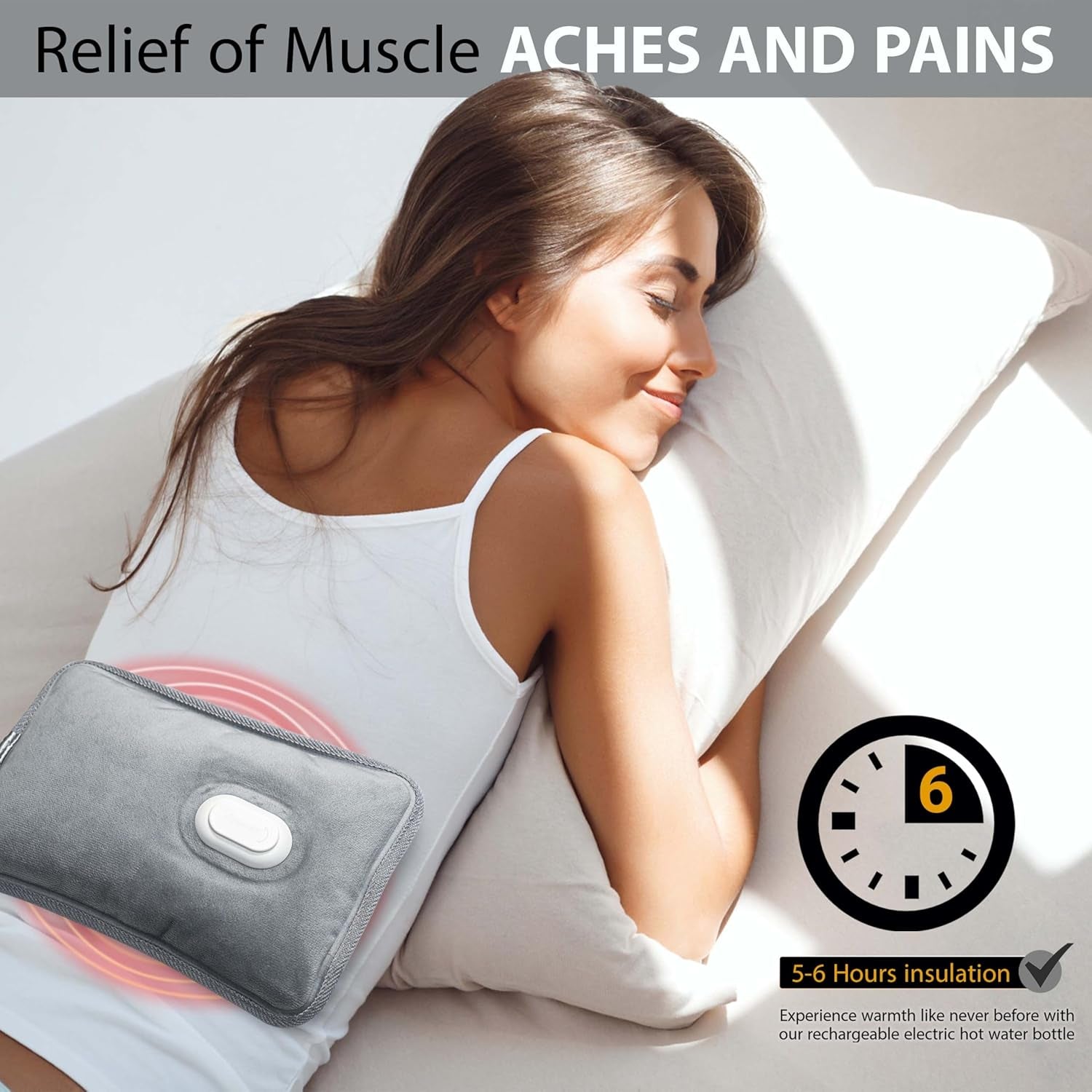 Rechargable Electric Hot Water Bottle - Hand, Shoulder and Back Pain Relief Warmer - Heat Pad (Grey)