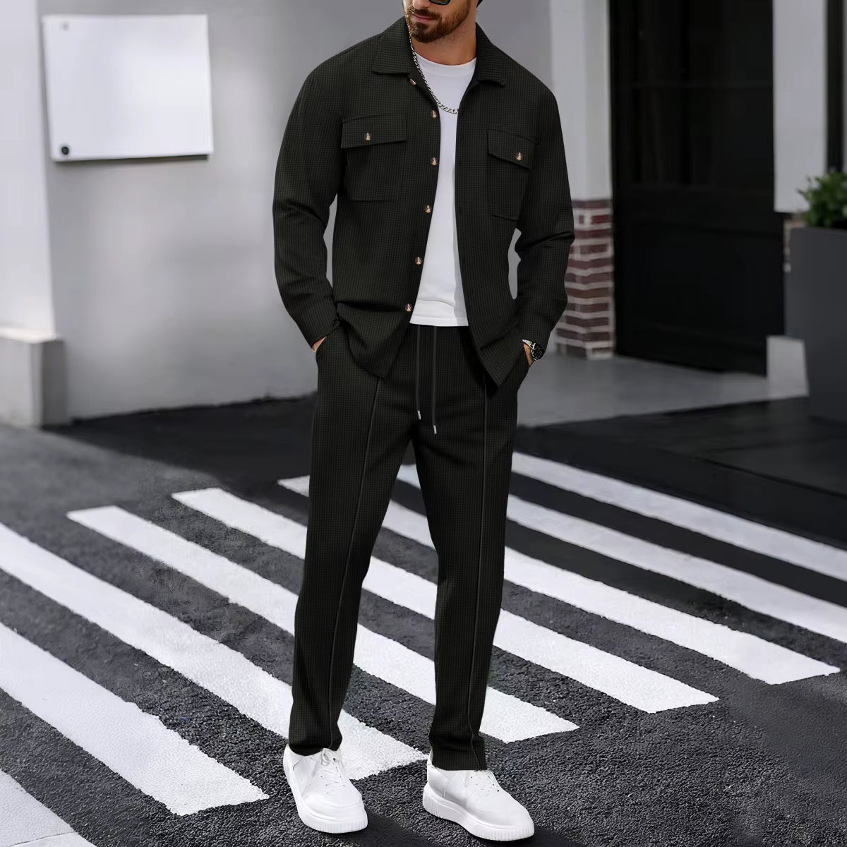 Men'S Spring Autumn Casual Suit Street Style Solid Color Loose-Padded Long-Sleeved Two-Piece Set Fashionable Outerwear Suit Set