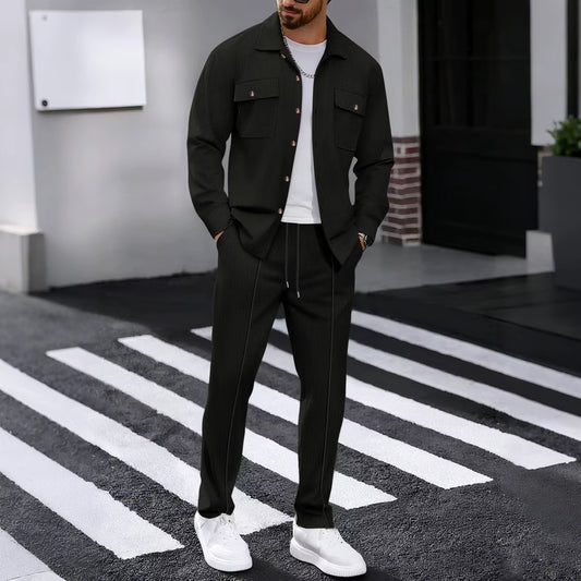 Men'S Spring Autumn Casual Suit Street Style Solid Color Loose-Padded Long-Sleeved Two-Piece Set Fashionable Outerwear Suit Set