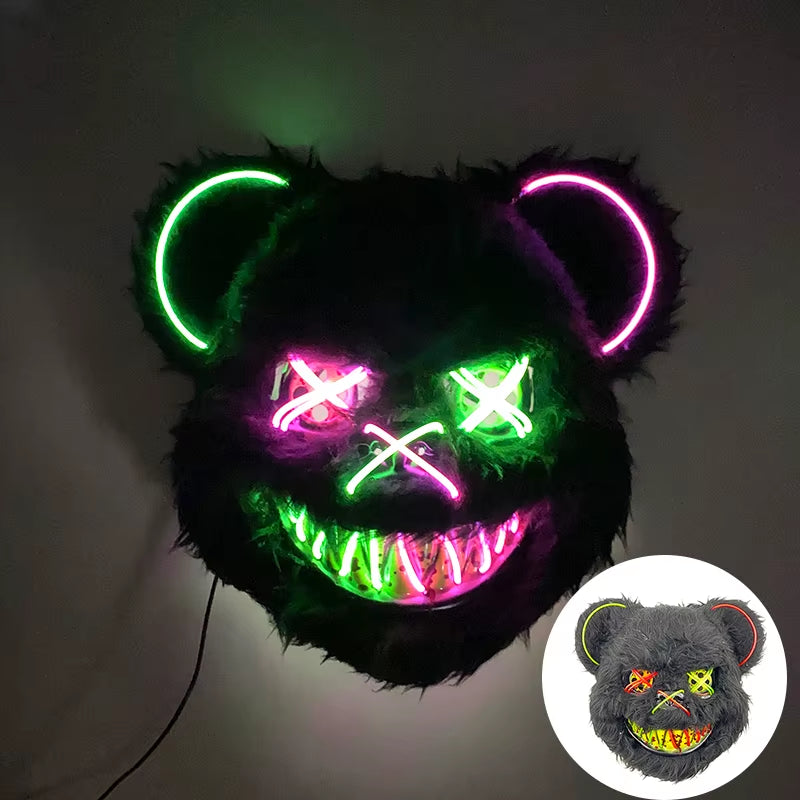 Halloween Light up Horror Mask Glowing Bloody Bear Killer Mask Flashing Neon Scary Bear Mask for Cosplay Killer Mask Decoration
