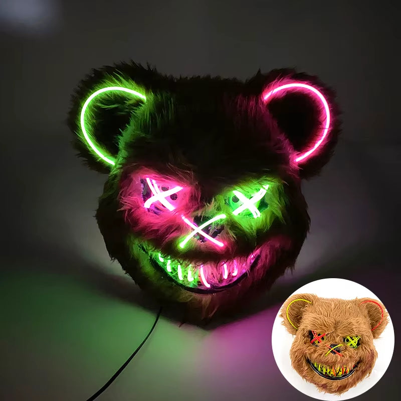 Halloween Light up Horror Mask Glowing Bloody Bear Killer Mask Flashing Neon Scary Bear Mask for Cosplay Killer Mask Decoration