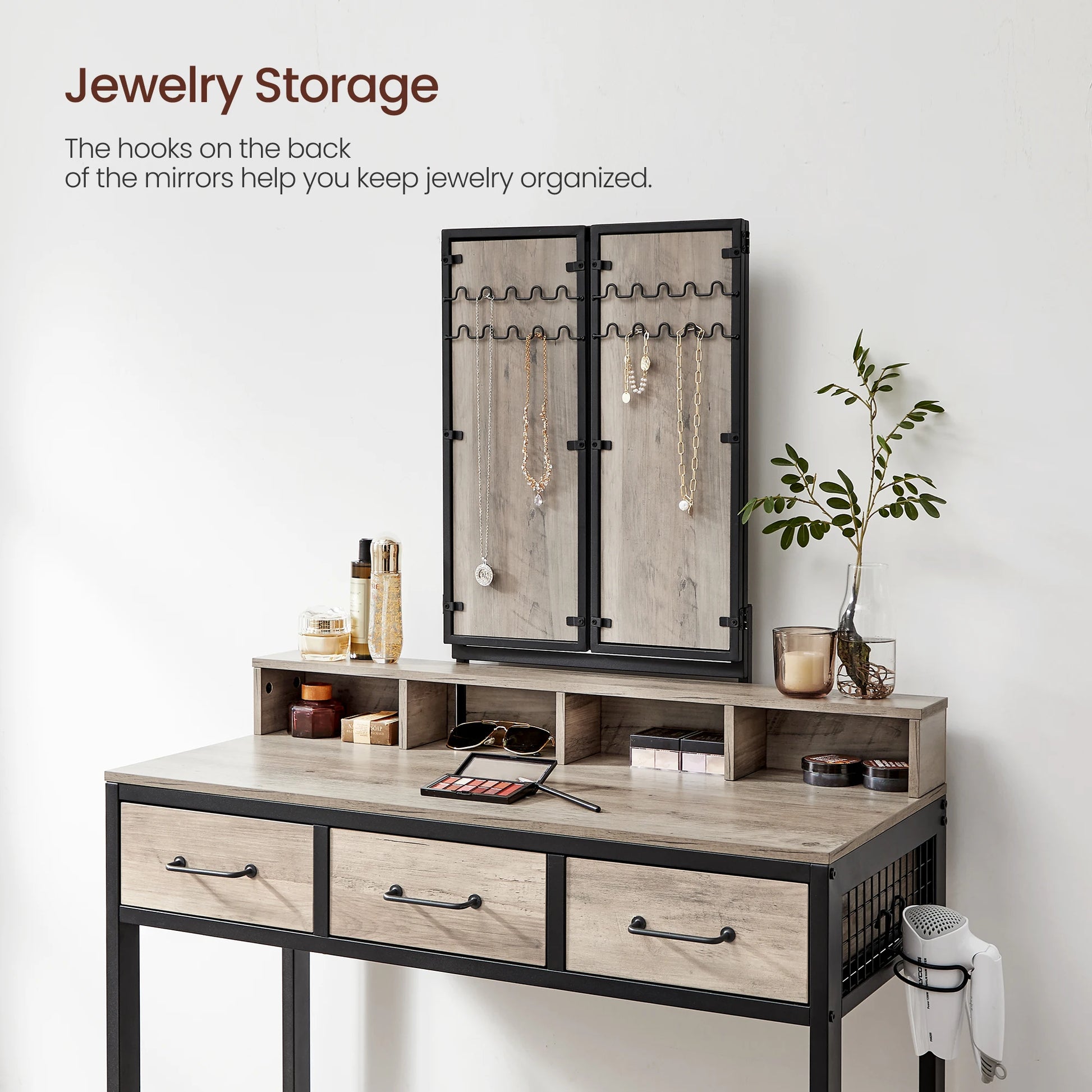 Dressing Table with 3-Piece Folding Mirror, Hair Dryer Holder, Cosmetic Table with Padded Stool, 3 Drawers