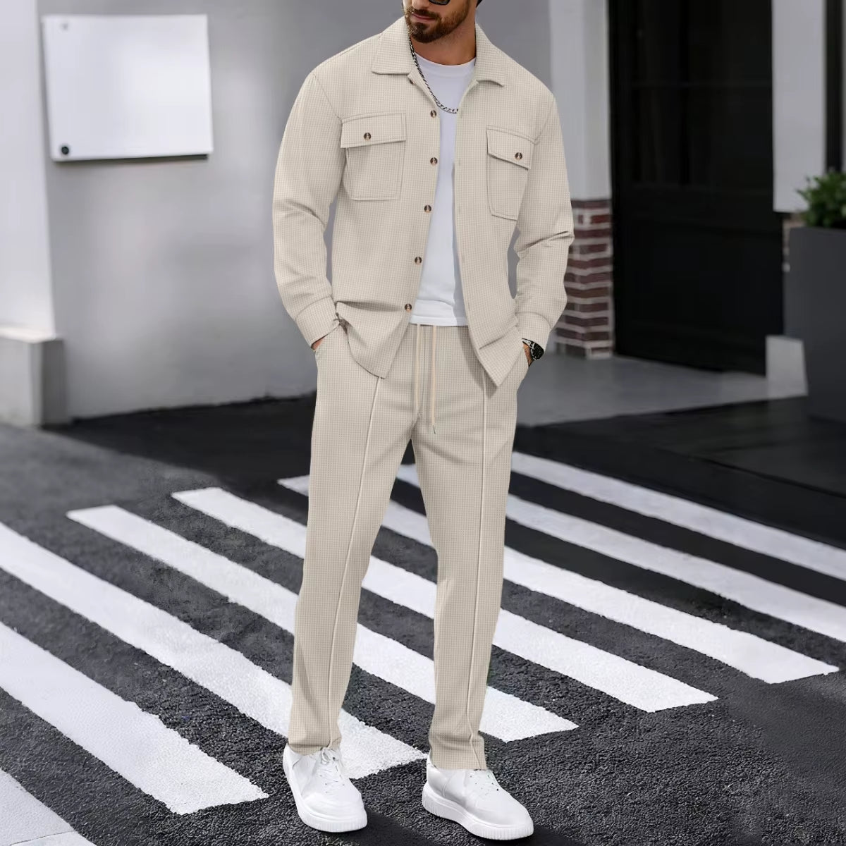 Men'S Spring Autumn Casual Suit Street Style Solid Color Loose-Padded Long-Sleeved Two-Piece Set Fashionable Outerwear Suit Set