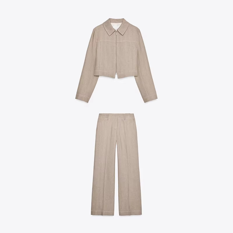 Casual Coats Pants Sets Women'S Turn-Down Collar Long Sleeve Zippers Tops High Waist Trousers 2025 Autumn New Lady Chic Suit
