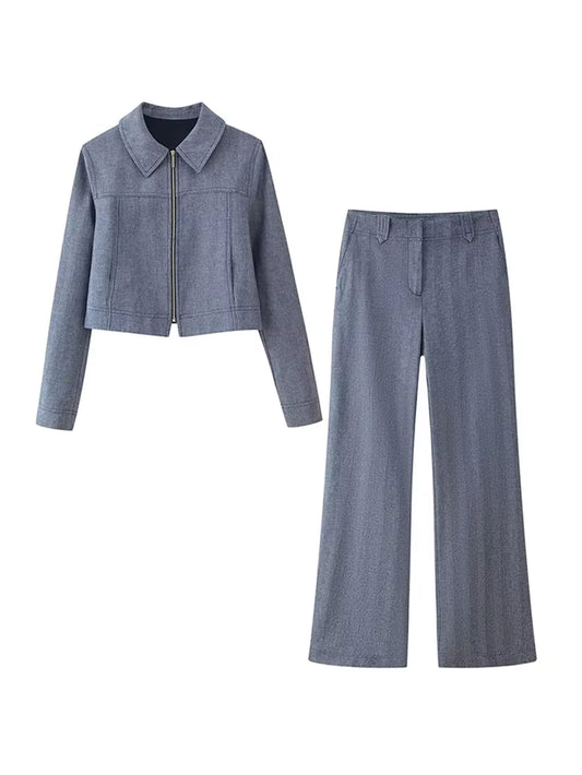 Casual Coats Pants Sets Women'S Turn-Down Collar Long Sleeve Zippers Tops High Waist Trousers 2025 Autumn New Lady Chic Suit