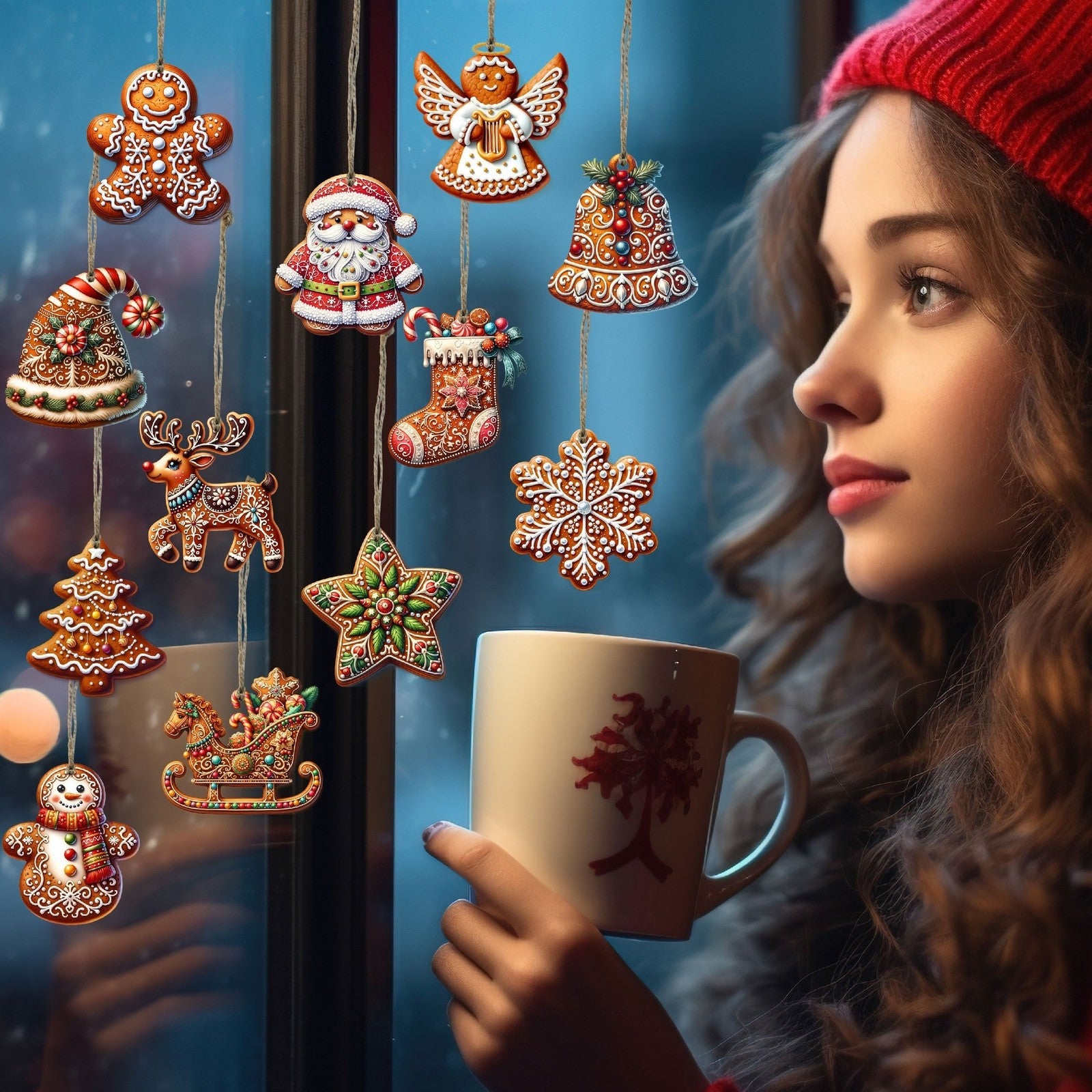 12PCS Christmas Tree Decoration Wooden Gingerbread Motifs Christmas Decoration