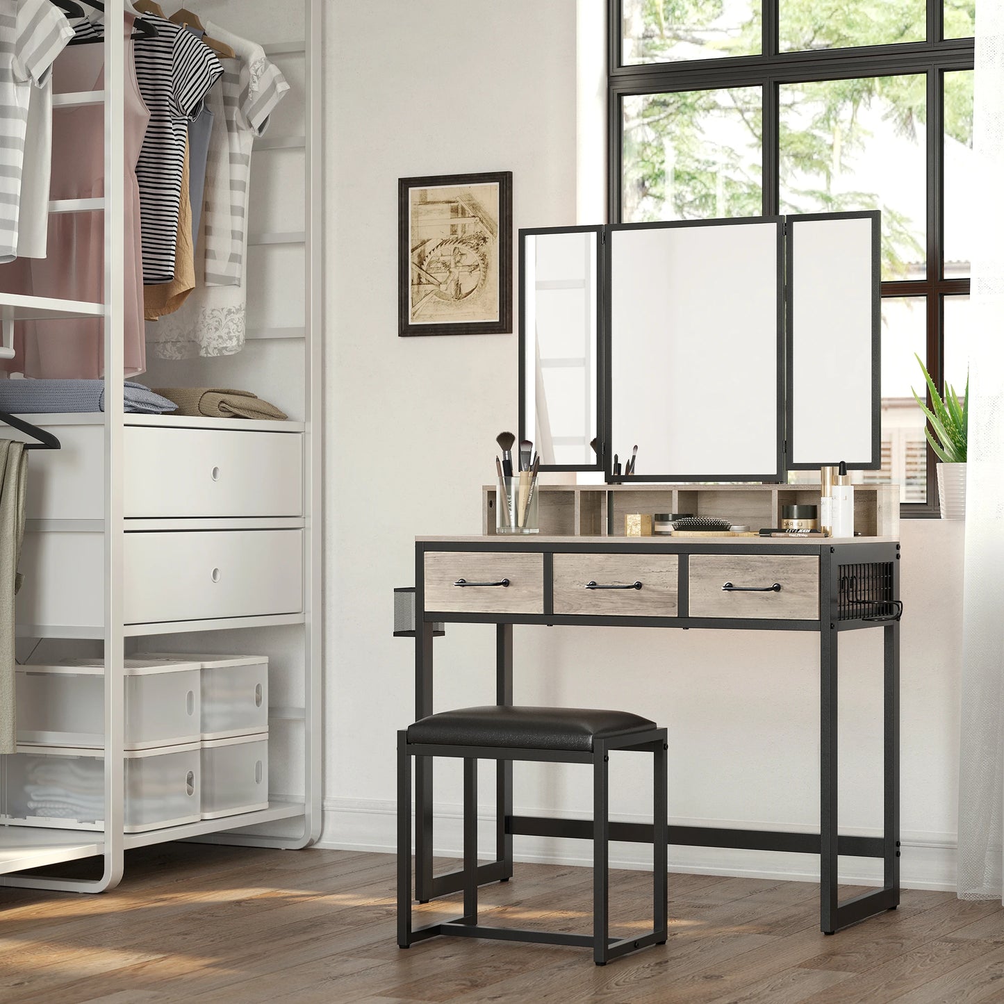 Dressing Table with 3-Piece Folding Mirror, Hair Dryer Holder, Cosmetic Table with Padded Stool, 3 Drawers