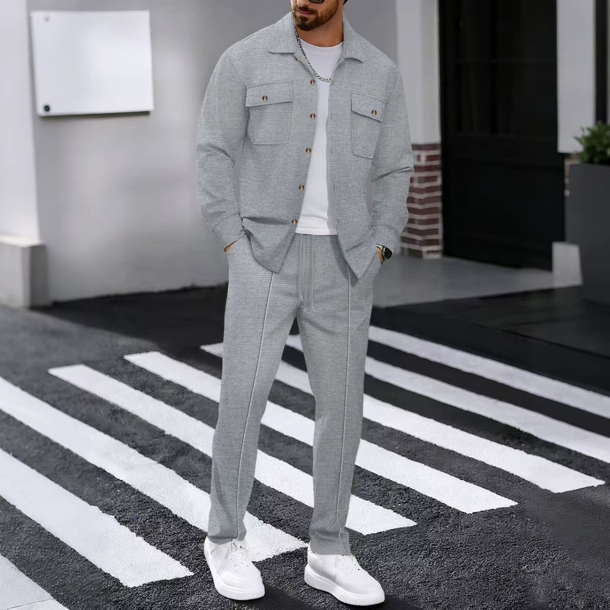 Men'S Spring Autumn Casual Suit Street Style Solid Color Loose-Padded Long-Sleeved Two-Piece Set Fashionable Outerwear Suit Set