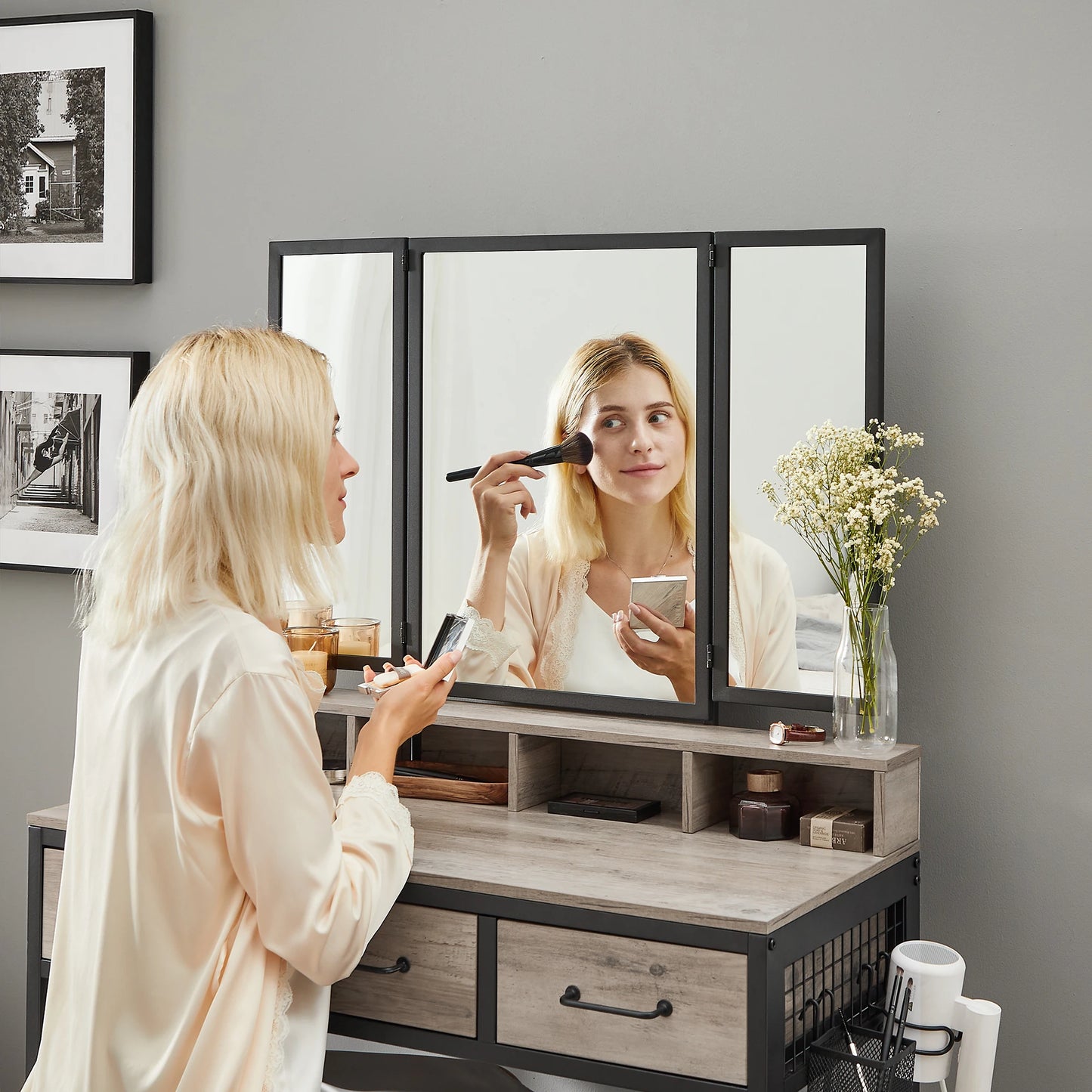Dressing Table with 3-Piece Folding Mirror, Hair Dryer Holder, Cosmetic Table with Padded Stool, 3 Drawers