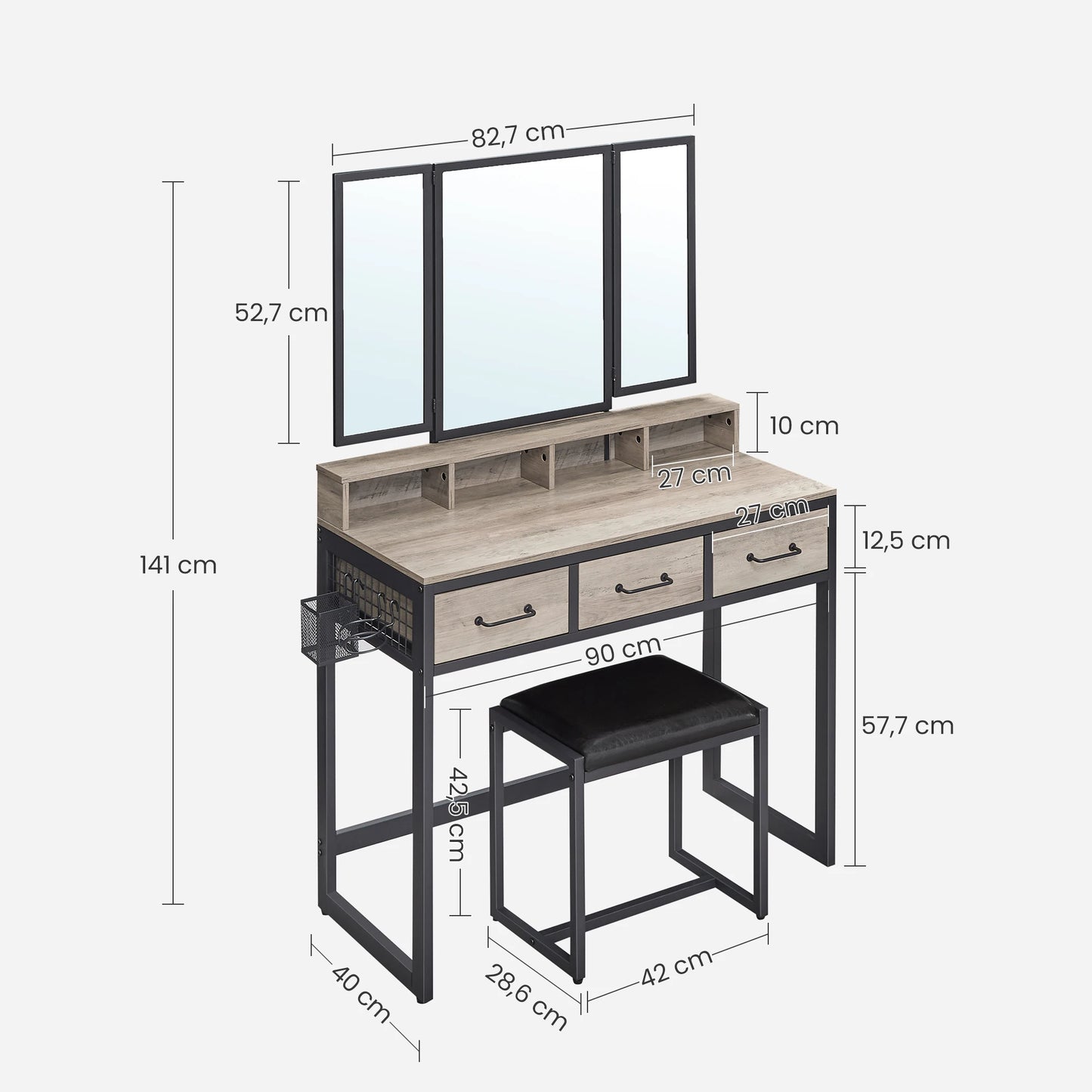 Dressing Table with 3-Piece Folding Mirror, Hair Dryer Holder, Cosmetic Table with Padded Stool, 3 Drawers
