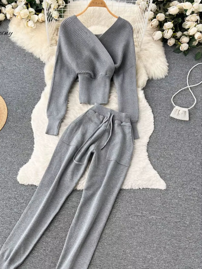 SINGREINY Winter Casual Knitted Two Pieces Suits V Neck Long Sleeve Sweater+ Elastic Casual Long Pants Sets Women Sweater Sets