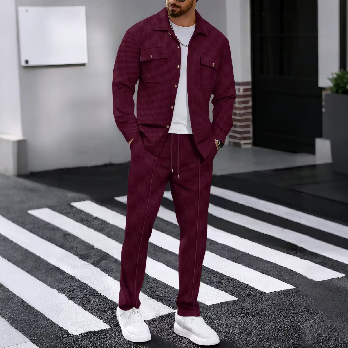 Men'S Spring Autumn Casual Suit Street Style Solid Color Loose-Padded Long-Sleeved Two-Piece Set Fashionable Outerwear Suit Set