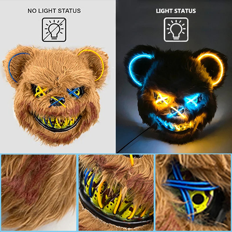 Halloween Light up Horror Mask Glowing Bloody Bear Killer Mask Flashing Neon Scary Bear Mask for Cosplay Killer Mask Decoration