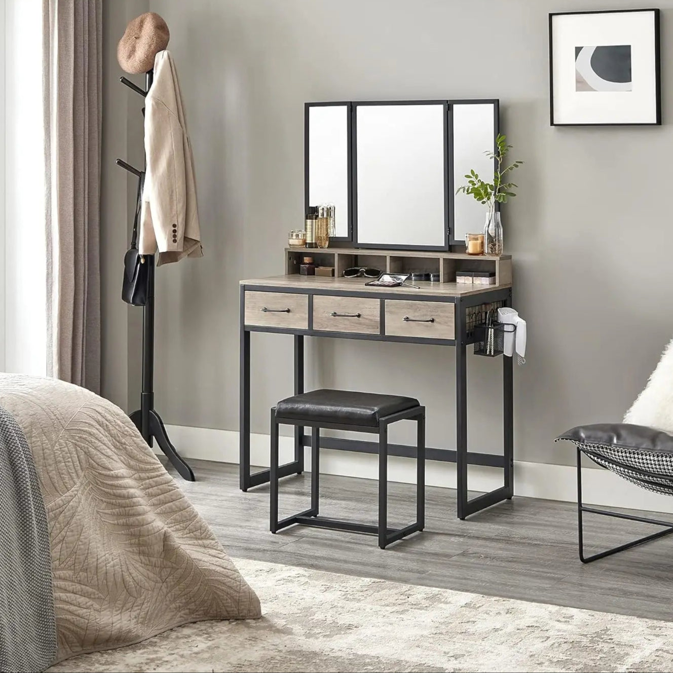 Dressing Table with 3-Piece Folding Mirror, Hair Dryer Holder, Cosmetic Table with Padded Stool, 3 Drawers