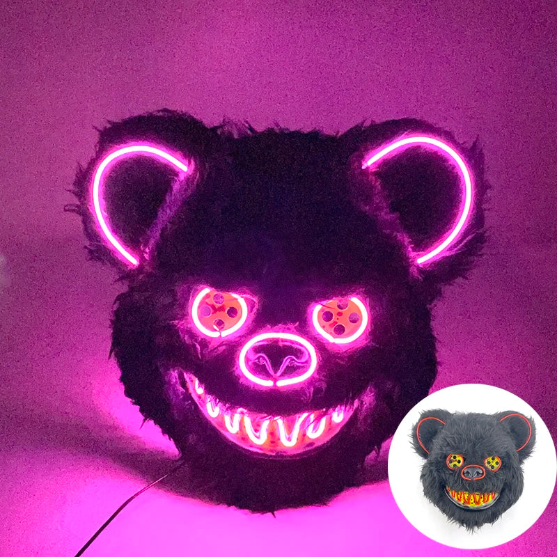 Halloween Light up Horror Mask Glowing Bloody Bear Killer Mask Flashing Neon Scary Bear Mask for Cosplay Killer Mask Decoration