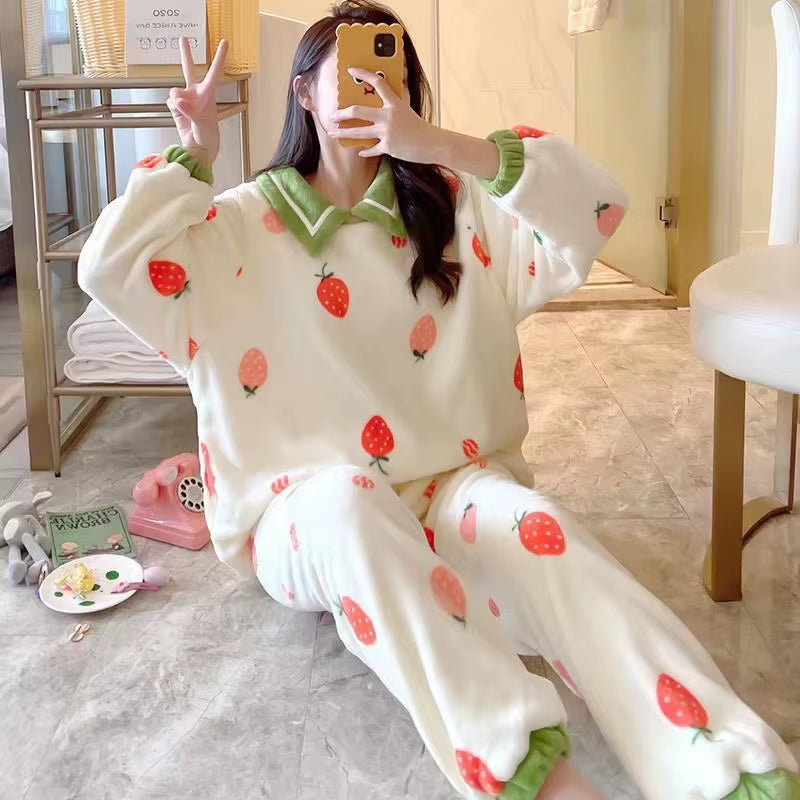 SP&CITY Winter Coral Velvet Pajamas Women'S Cartoon Patterned Lovely Pajamas Set Thickened Warm Student Home Clothes Sleepwear