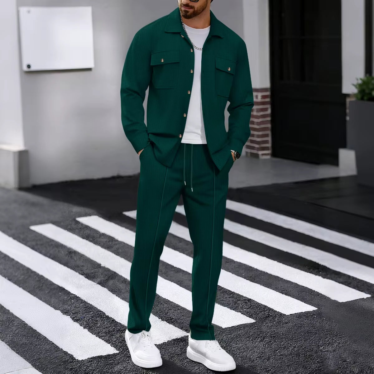 Men'S Spring Autumn Casual Suit Street Style Solid Color Loose-Padded Long-Sleeved Two-Piece Set Fashionable Outerwear Suit Set