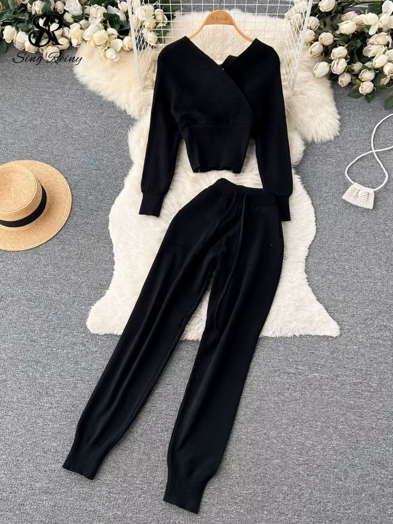 SINGREINY Winter Casual Knitted Two Pieces Suits V Neck Long Sleeve Sweater+ Elastic Casual Long Pants Sets Women Sweater Sets