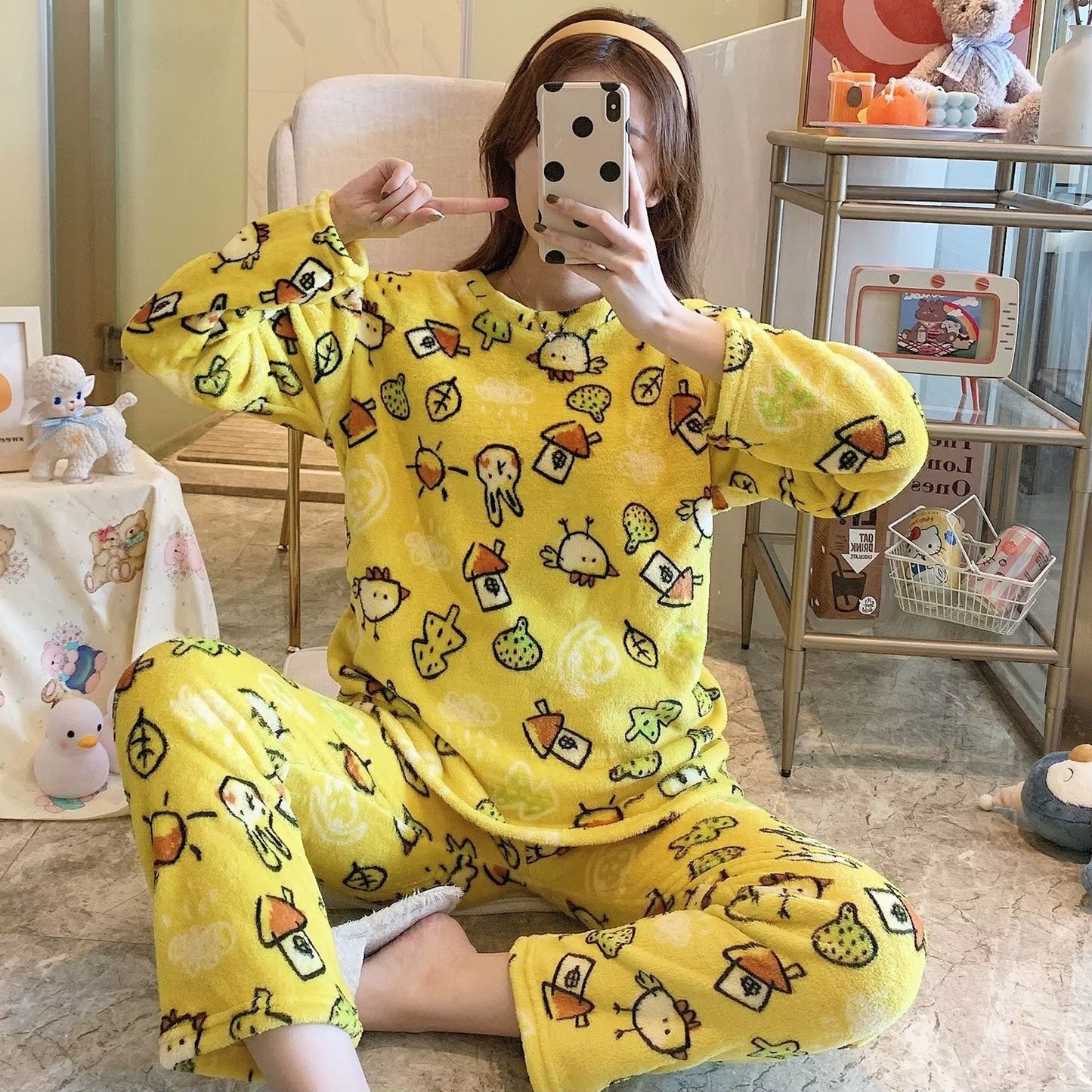 SP&CITY Winter Coral Velvet Pajamas Women'S Cartoon Patterned Lovely Pajamas Set Thickened Warm Student Home Clothes Sleepwear